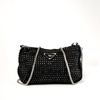 Noir Radiance Studded Clutch with Chain Strap - Zari Villas