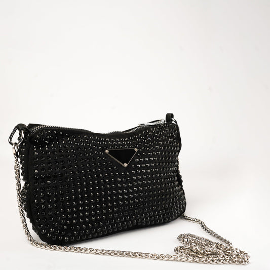 Noir Radiance Studded Clutch with Chain Strap - Zari Villas