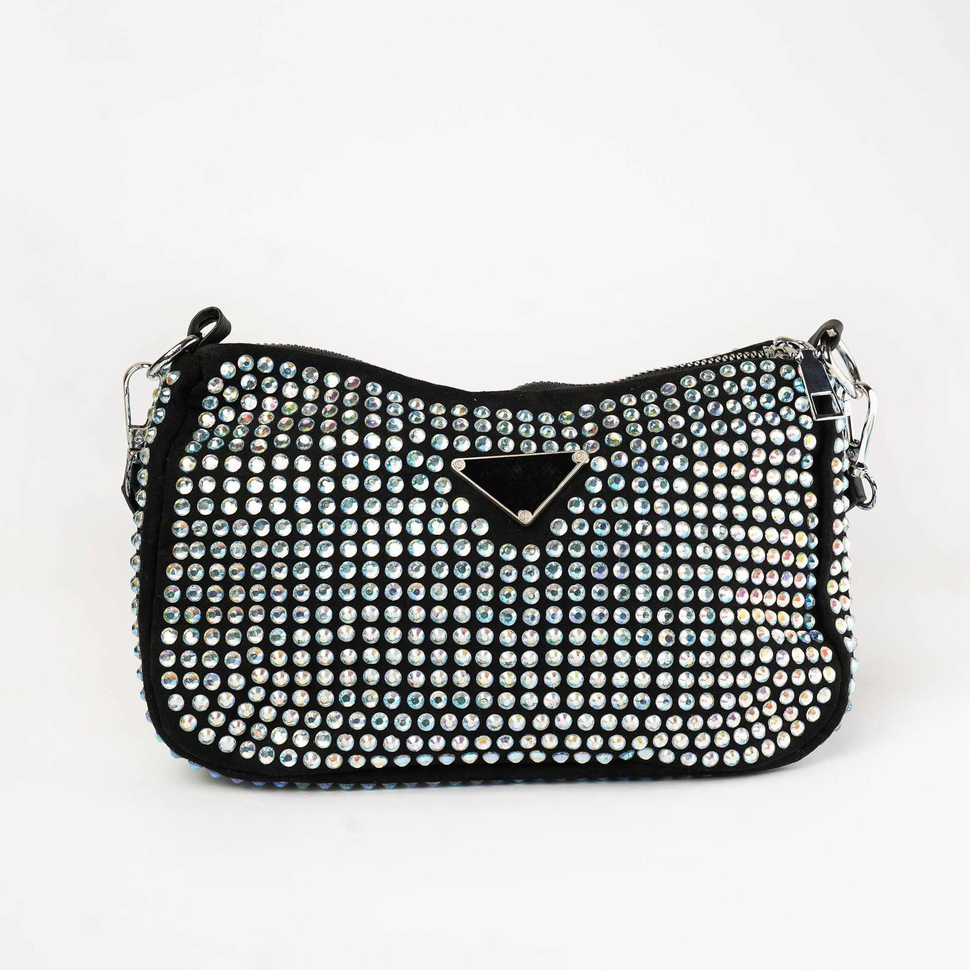 Midnight Sparkle Rhinestone Clutch with Silver Chain Strap - Zari Villas