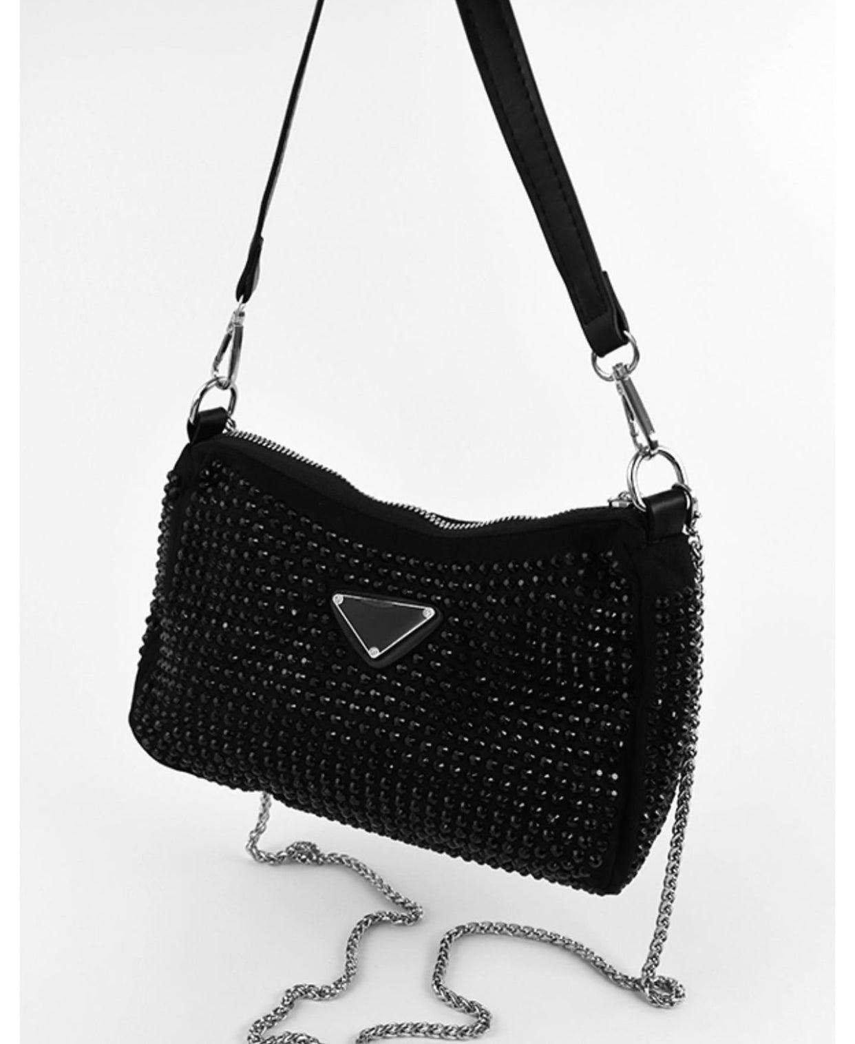 Noir Radiance Studded Clutch with Chain Strap - Zari Villas